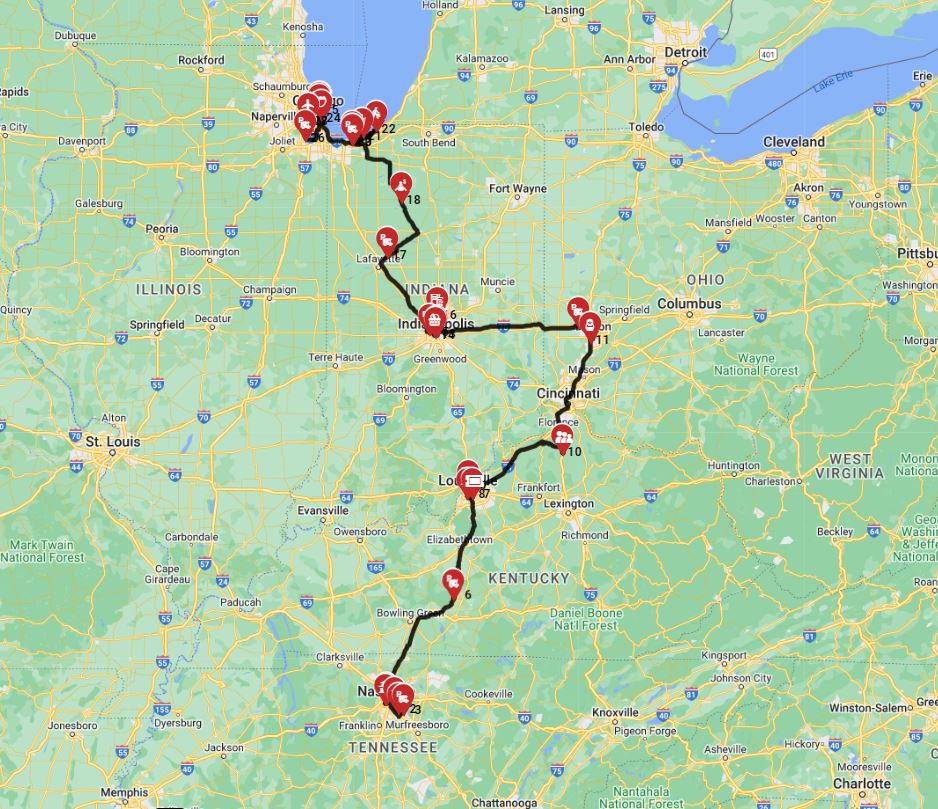 RV route a road trip with a motorhome from Nashville to Chicago